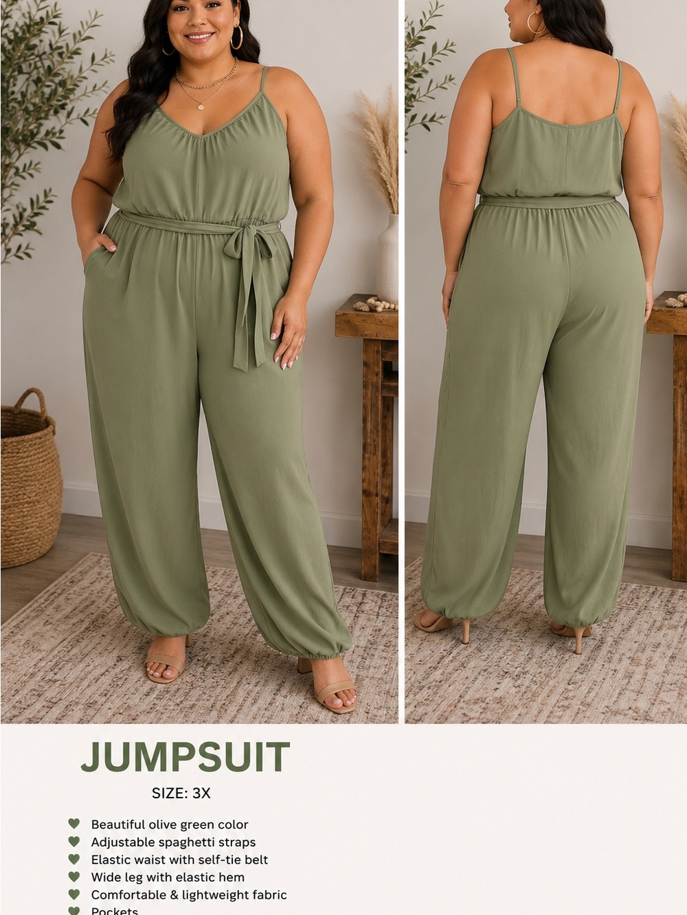 SHEIN Olive Green Plus-Size Spaghetti Strap Jumpsuit